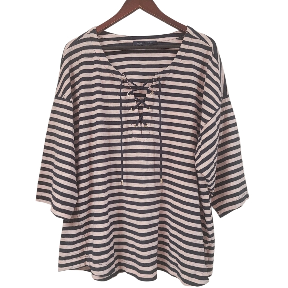 Tommy Hilfiger Stripped Lace Up Top Navy Blue Light Pink 2X 3/4 Sleeve Cotton
